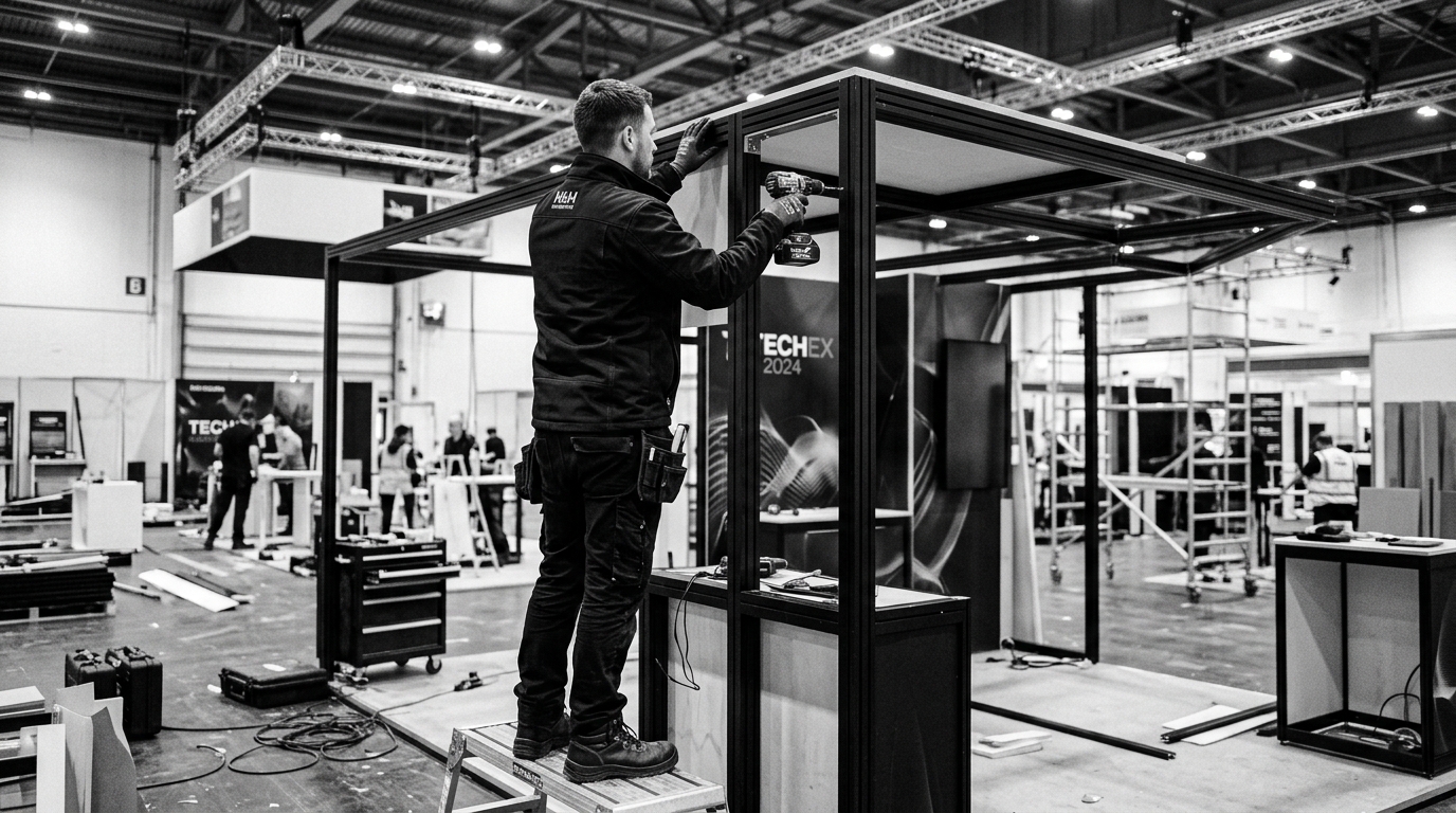 Installation specialist working on architectural display structure